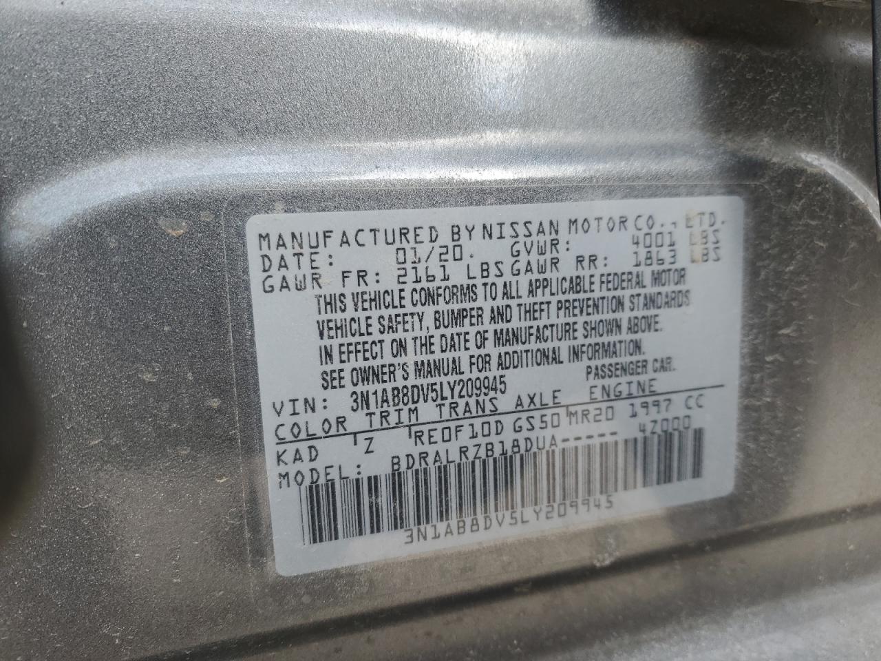 2020 Nissan Sentra VIN 3N1AB8DV5LY209945 Copart auction photo, front end / rear end damage thumbnail 13