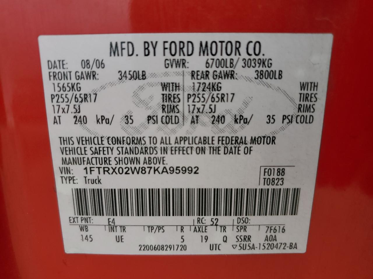 2007 Ford F-150 VIN 1FTRX02W87KA95992 Copart auction photo, front end / undercarriage damage thumbnail 14