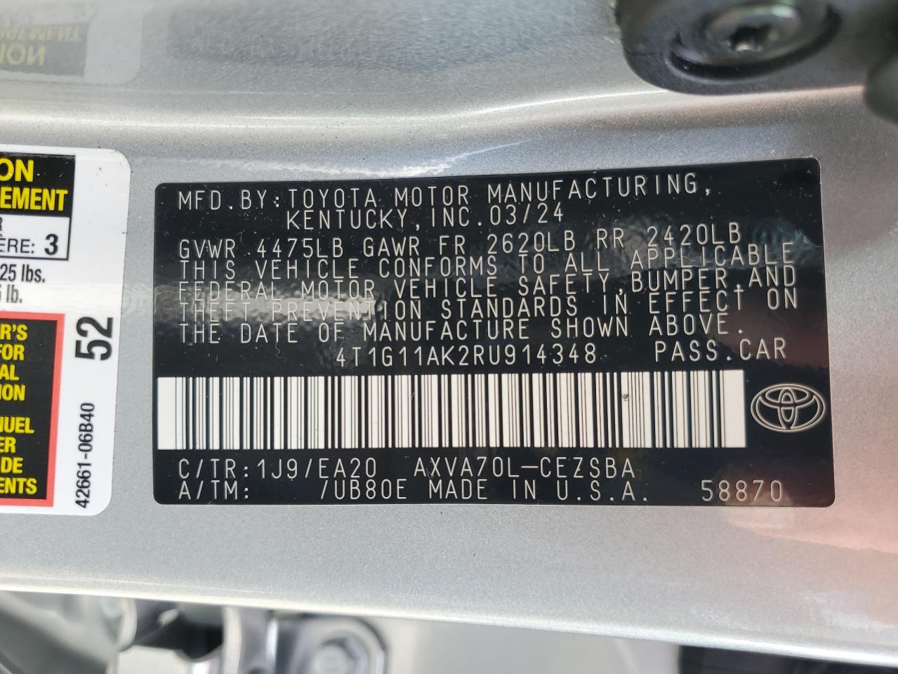2024 Toyota Camry VIN 4T1G11AK2RU914348 Copart auction photo, rear end damage thumbnail 13