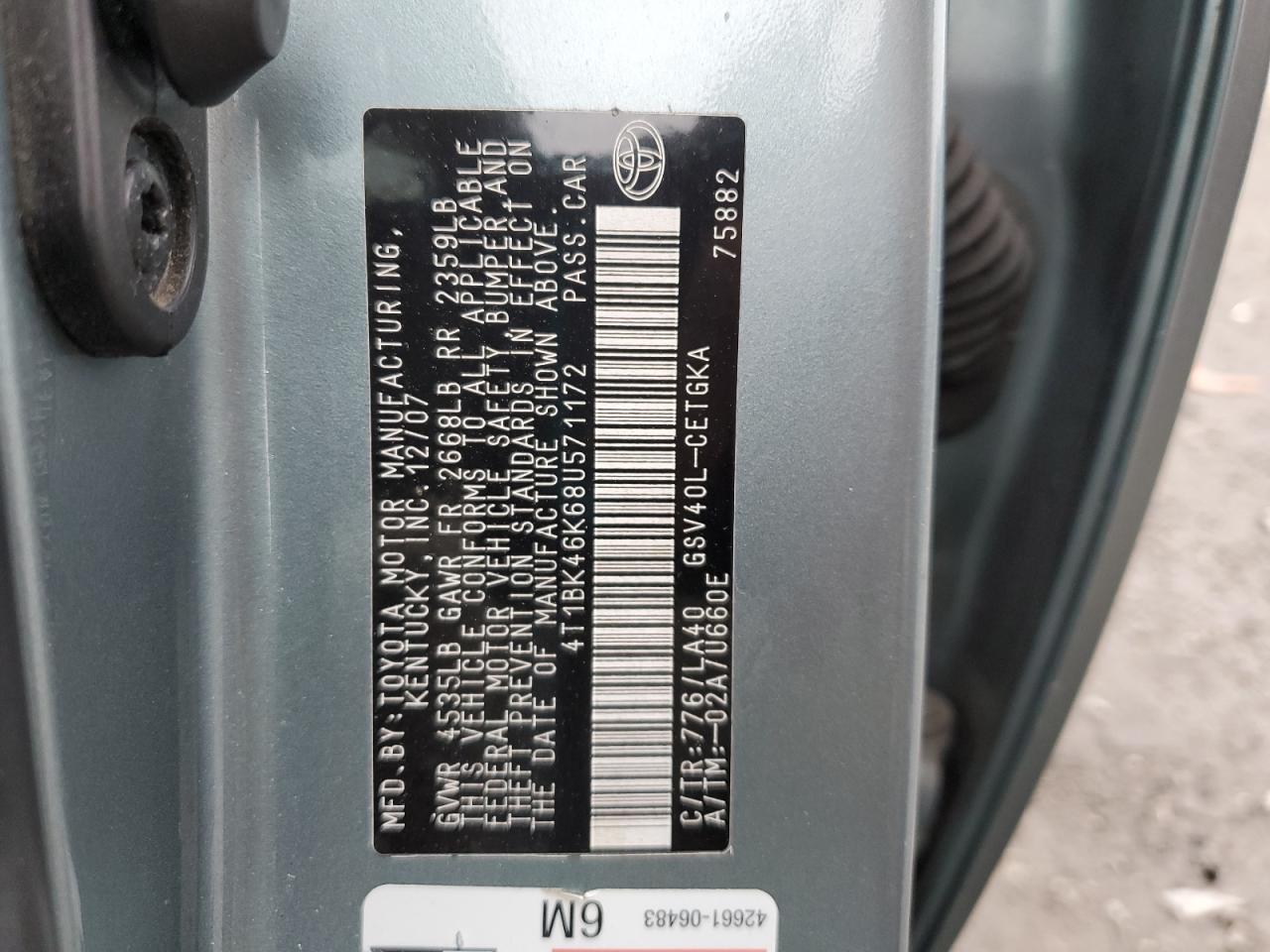 2008 Toyota Camry VIN 4T1BK46K68U571172 Copart auction photo, front end / side damage thumbnail 14