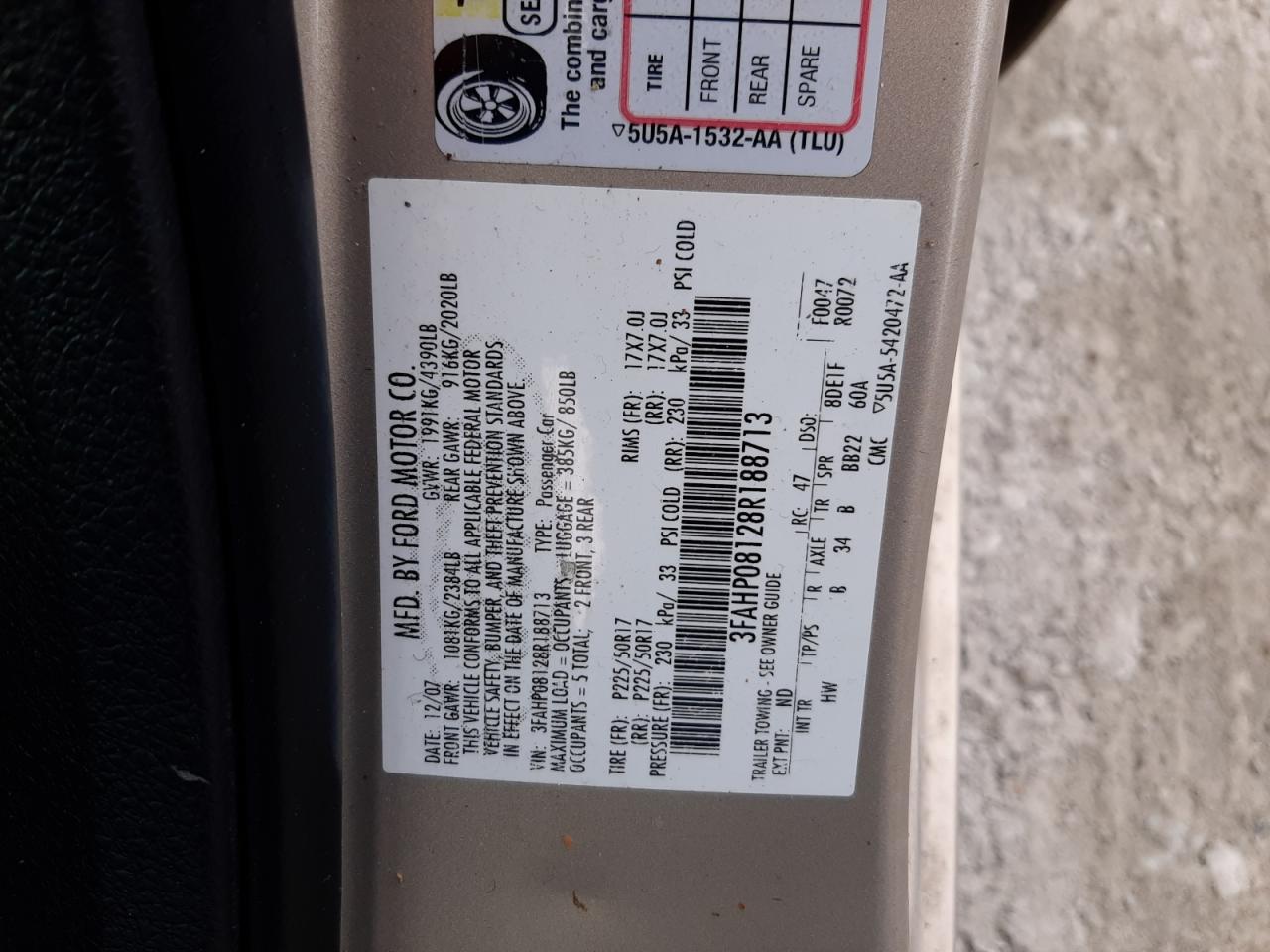 2008 Ford Fusion VIN 3FAHP08128R188713 Copart auction photo, side / rear end damage thumbnail 12