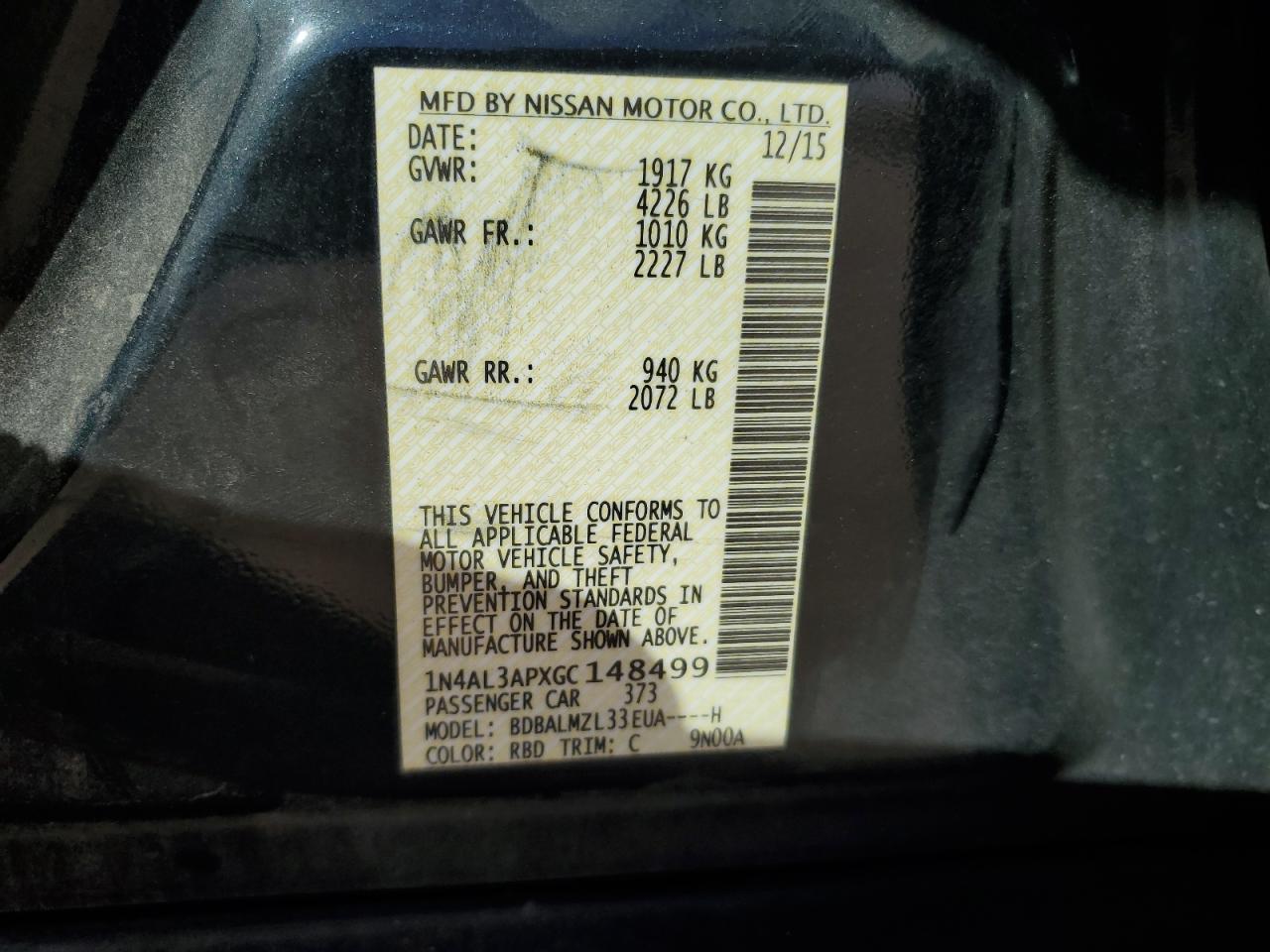 2016 Nissan Altima VIN 1N4AL3APXGC148499 Copart auction photo, front end / rear end damage thumbnail 12