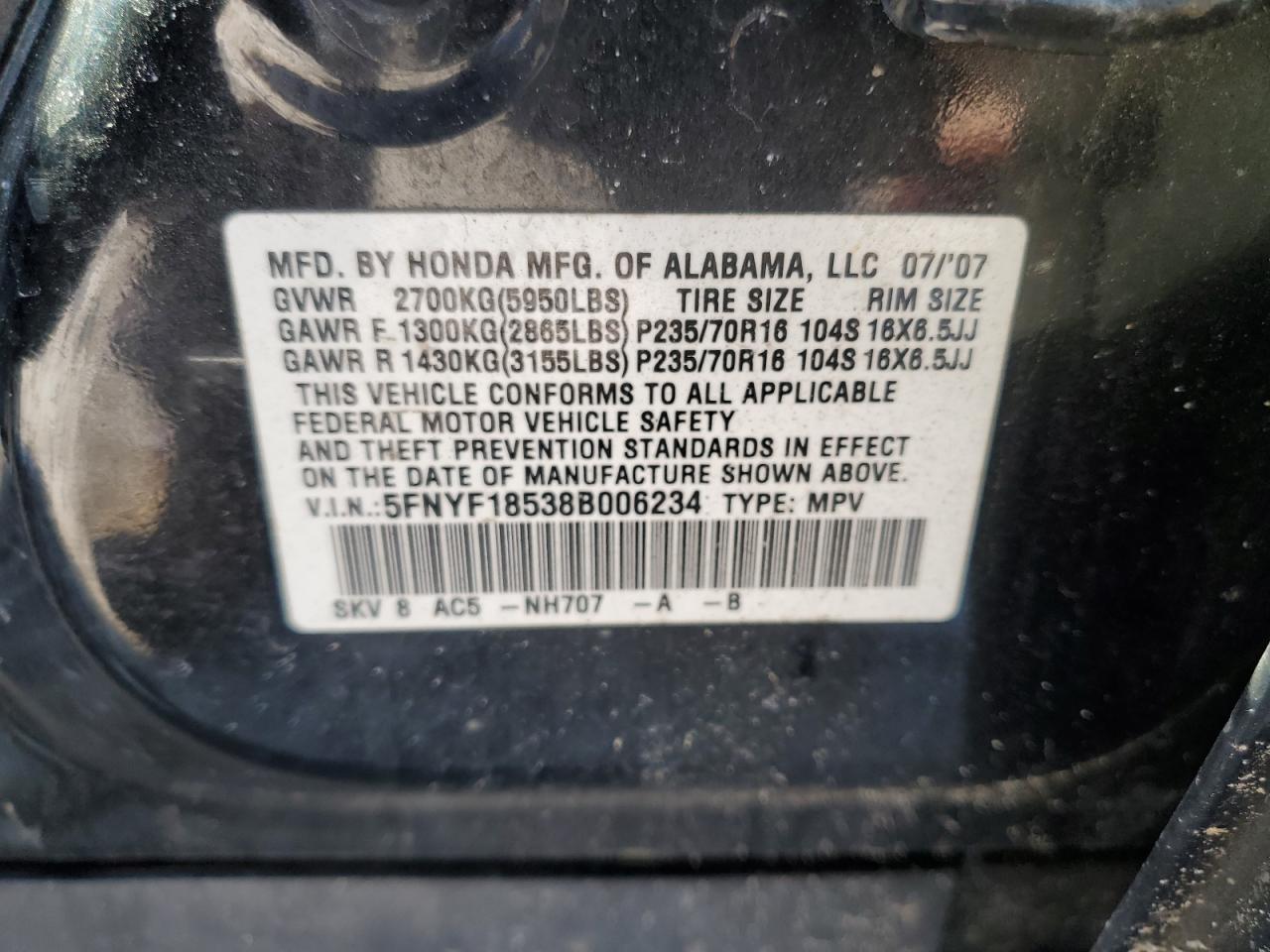 2008 Honda Pilot VIN 5FNYF18538B006234 Copart auction photo, front end / side damage thumbnail 14