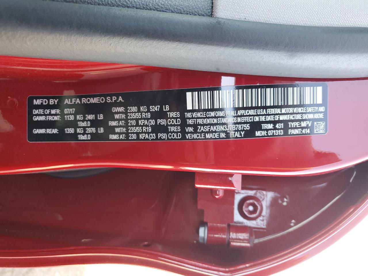 2018 Alfa Romeo Stelvio VIN ZASFAKBN3J7B78755 Copart auction photo, front end / minor dent/scratches damage thumbnail 14