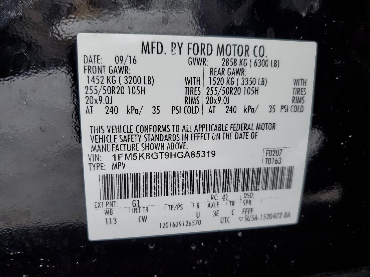 2017 Ford Explorer VIN 1FM5K8GT9HGA85319 Copart auction photo, front end / undercarriage damage thumbnail 13