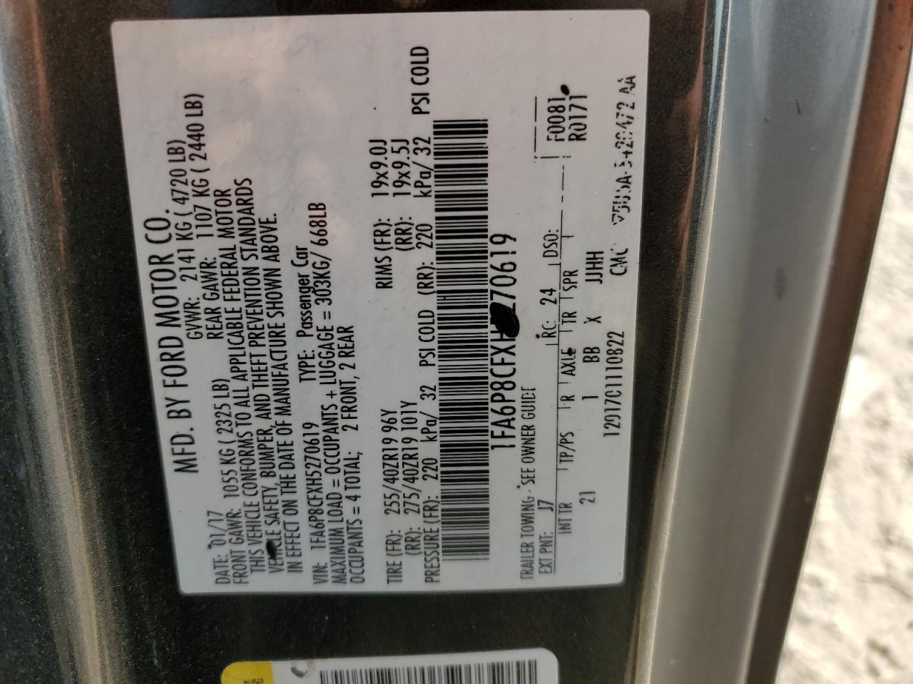 2017 Ford Mustang VIN 1FA6P8CFXH5270619 Copart auction photo, front end damage thumbnail 15