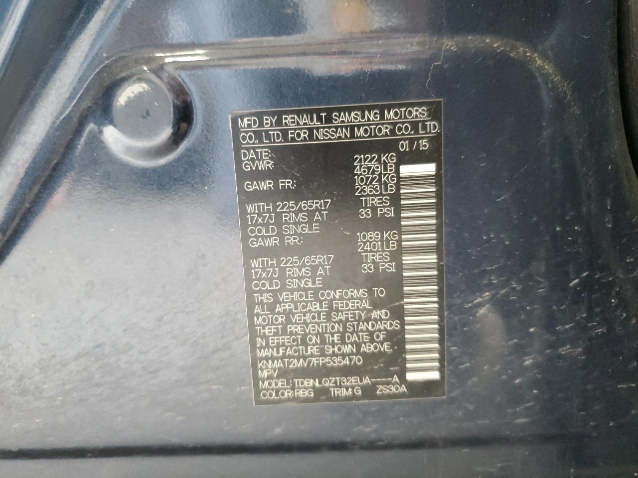 2015 Nissan Rogue VIN KNMAT2MV7FP535470 Copart auction photo, front end / burn damage thumbnail 13