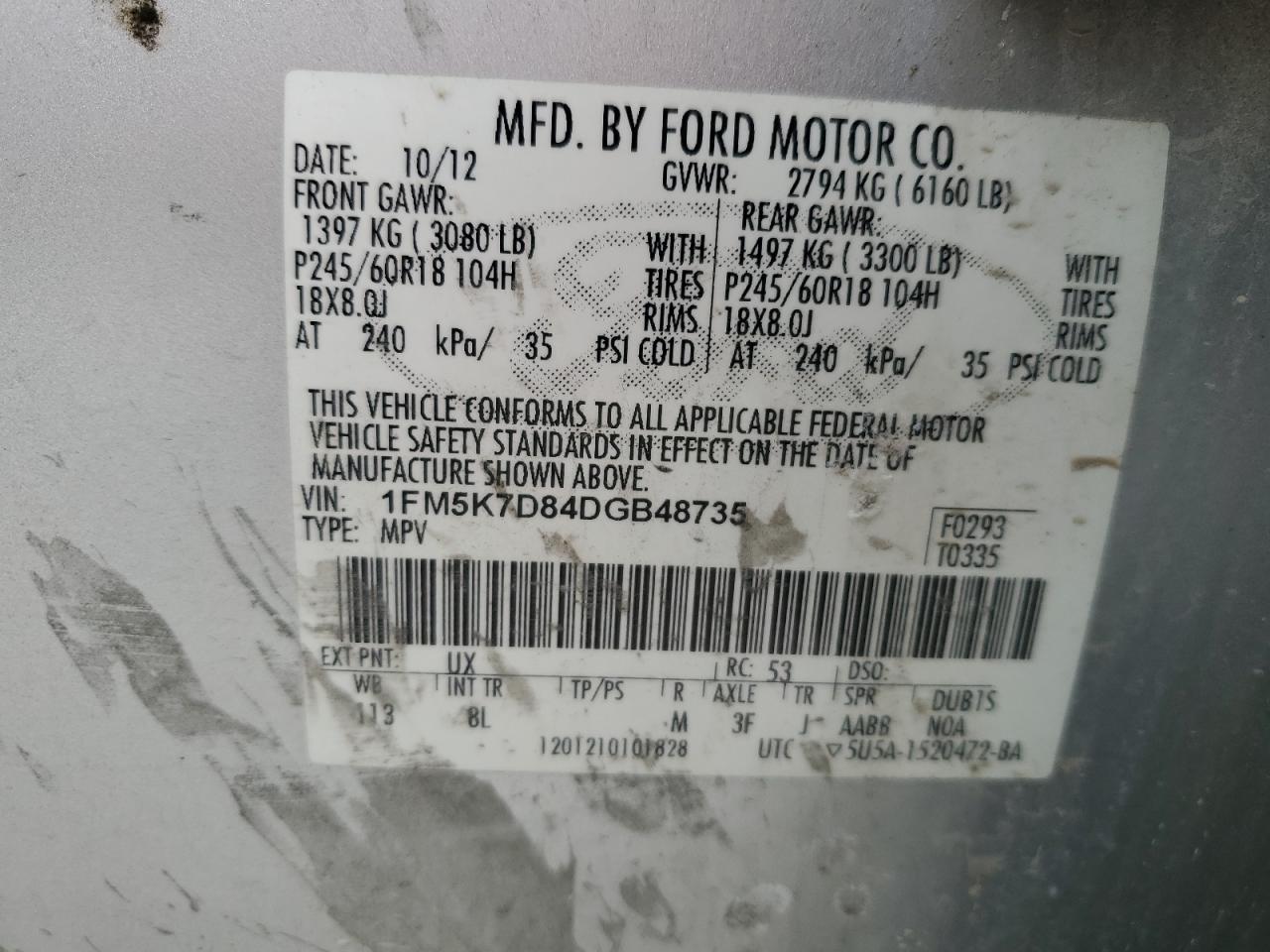 2013 Ford Explorer VIN 1FM5K7D84DGB48735 Copart auction photo, side damage thumbnail 13