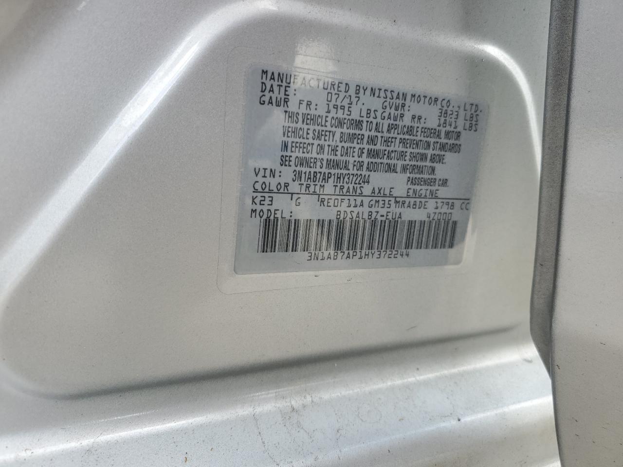 2017 Nissan Sentra VIN 3N1AB7AP1HY372244 Copart auction photo, front end damage thumbnail 14