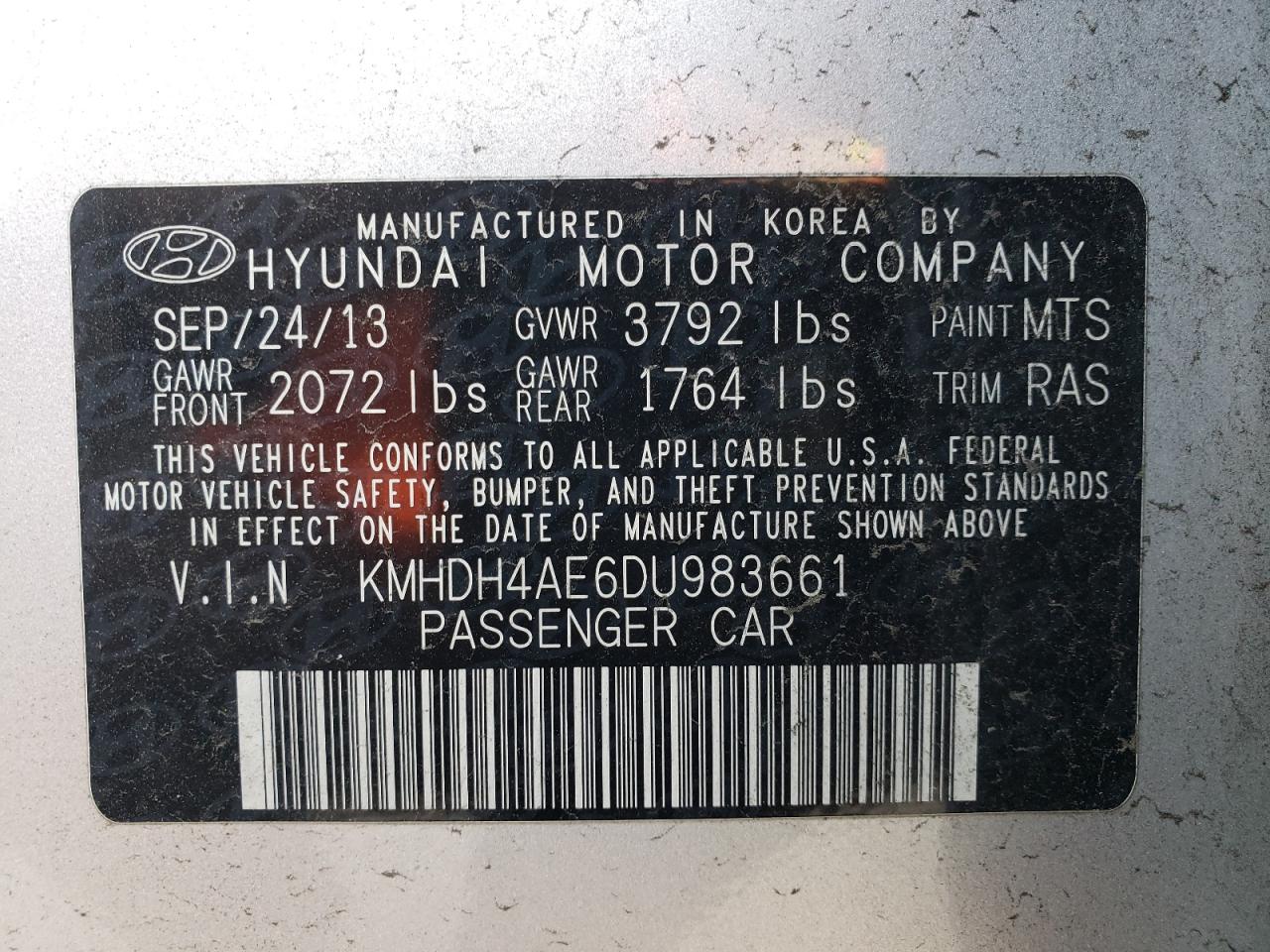2013 Hyundai Elantra VIN KMHDH4AE6DU983661 Copart auction photo, rear end damage thumbnail 12
