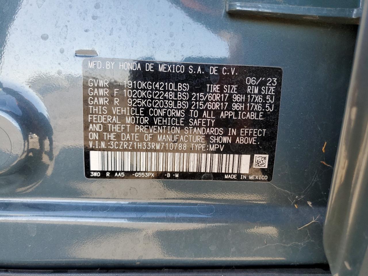 2024 Honda HR-V VIN 3CZRZ1H33RM710788 Copart auction photo, front end damage thumbnail 12
