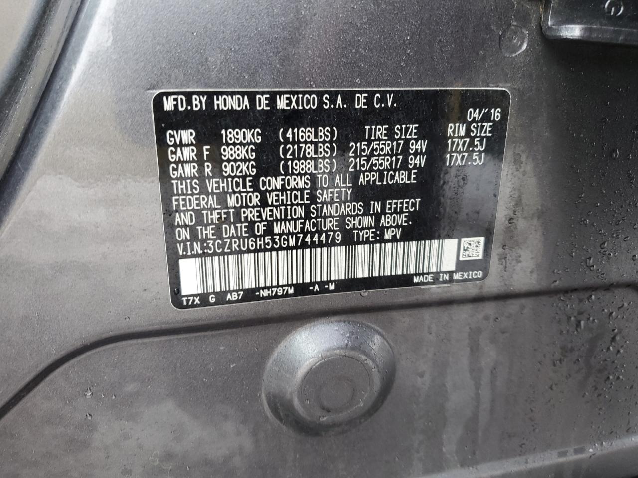 2016 Honda HR-V VIN 3CZRU6H53GM744479 Copart auction photo, front end damage thumbnail 13