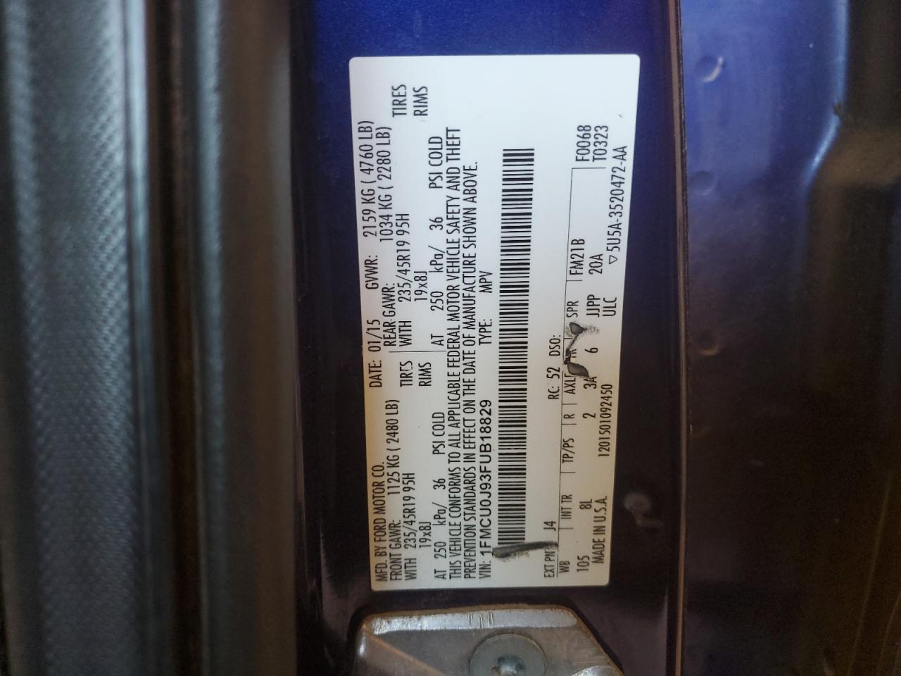 2015 Ford Escape VIN 1FMCU0J93FUB18829 Copart auction photo, front end / hail damage thumbnail 13