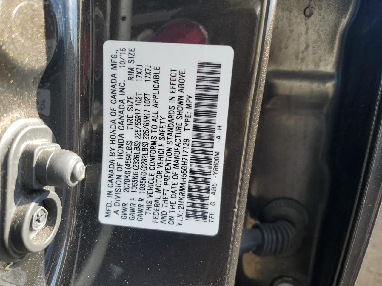 2016 Honda CR-V VIN 2HKRM4H56GH717129 Copart auction photo, burn - engine / minor dent/scratches damage thumbnail 13
