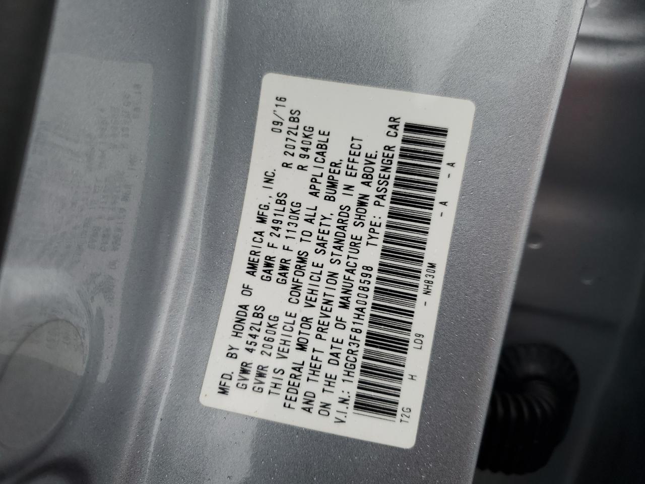 2017 Honda Accord VIN 1HGCR3F81HA008598 Copart auction photo, front end / top/roof damage thumbnail 13