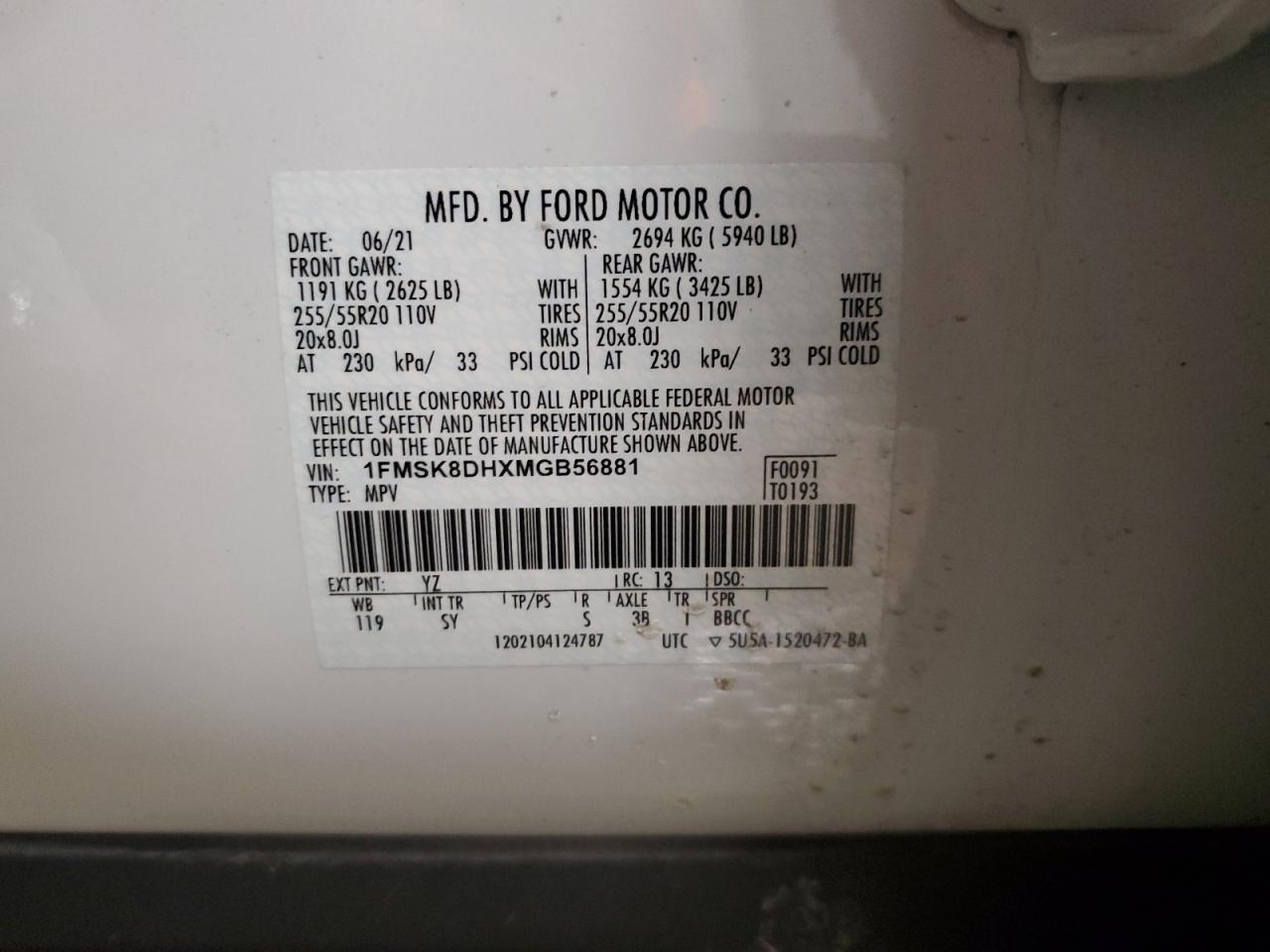 2021 Ford Explorer VIN 1FMSK8DHXMGB56881 Copart auction photo, rear end / front end damage thumbnail 14