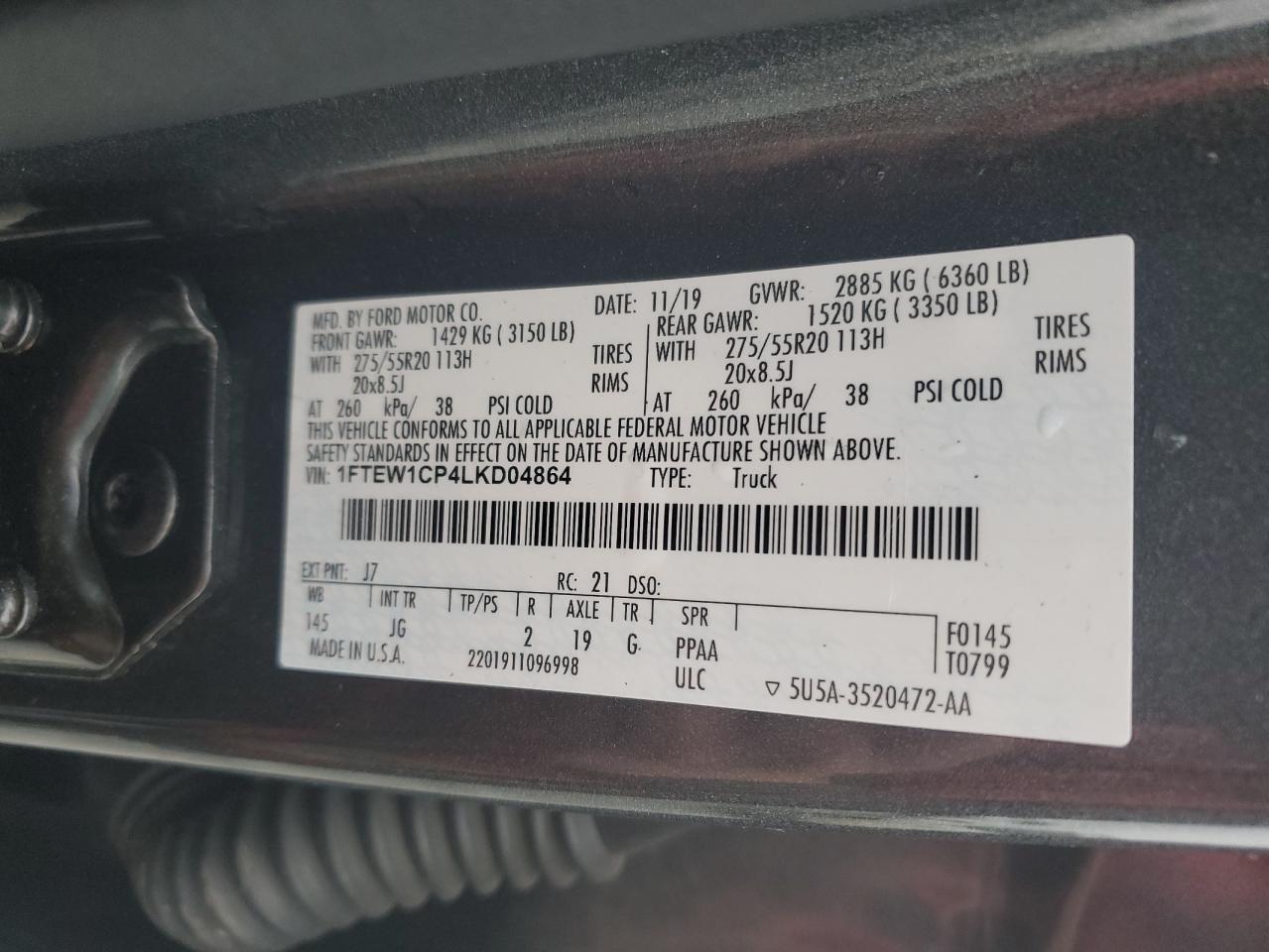 2020 Ford F-150 VIN 1FTEW1CP4LKD04864 Copart auction photo, all over damage thumbnail 12