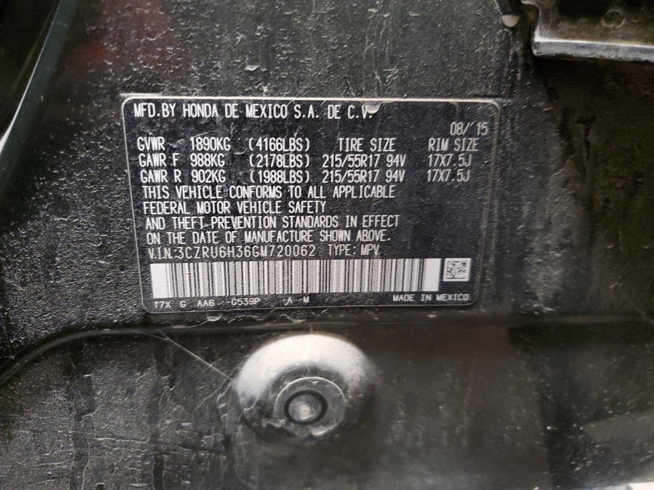 2016 Honda HR-V VIN 3CZRU6H36GM720062 Copart auction photo, front end damage thumbnail 13