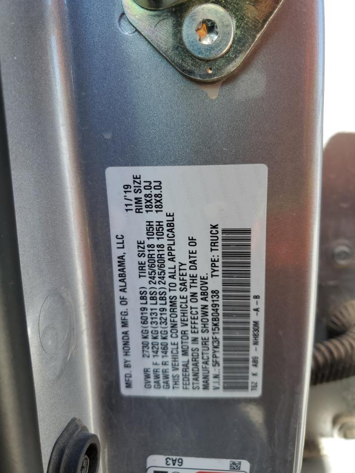 2019 Honda Ridgeline VIN 5FPYK3F15KB049138 Copart auction photo, front end / minor dent/scratches damage thumbnail 12