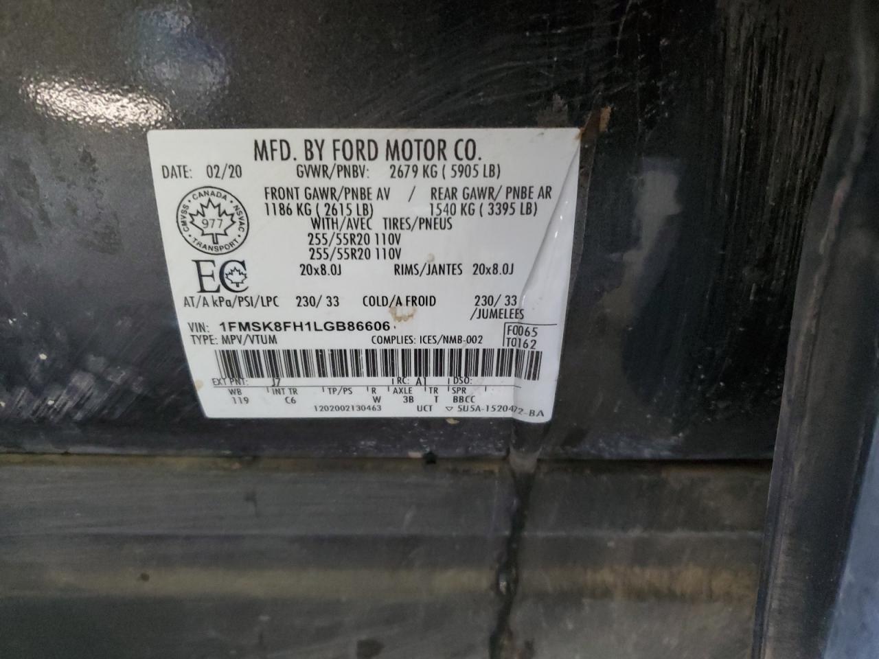2020 Ford Explorer VIN 1FMSK8FH1LGB86606 Copart auction photo, front end damage thumbnail 13