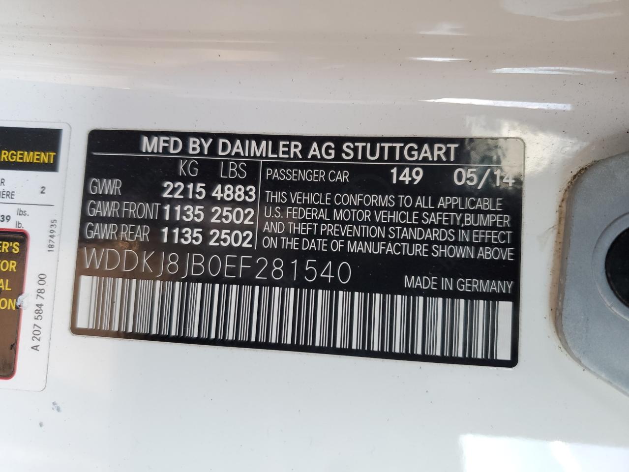 2014 Mercedes-Benz E-klasse VIN WDDKJ8JB0EF281540 Copart auction photo, front end / minor dent/scratches damage thumbnail 14
