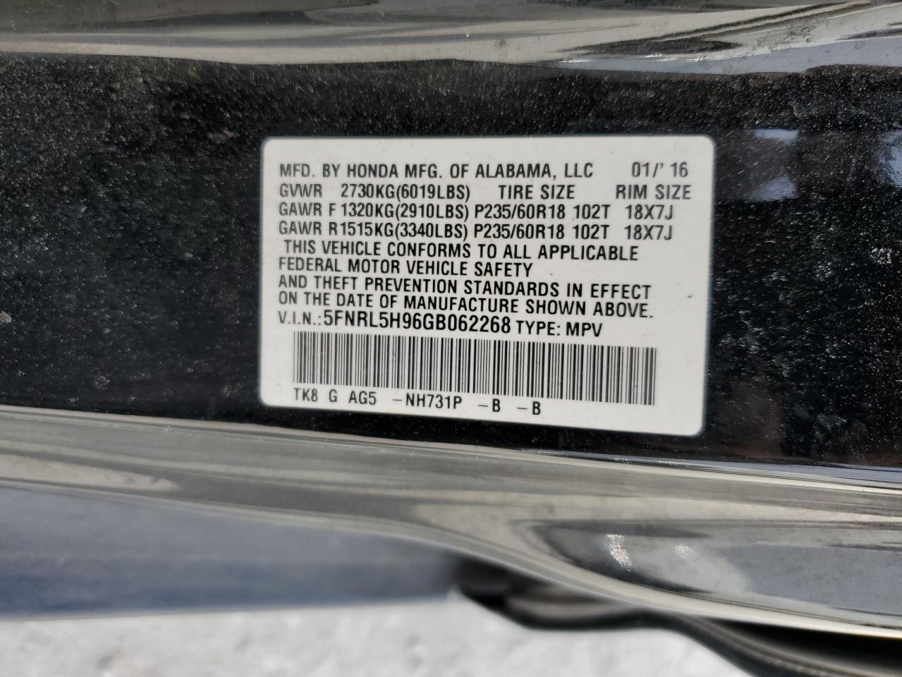 2016 Honda Odyssey VIN 5FNRL5H96GB062268 Copart auction photo, rear end / side damage thumbnail 15