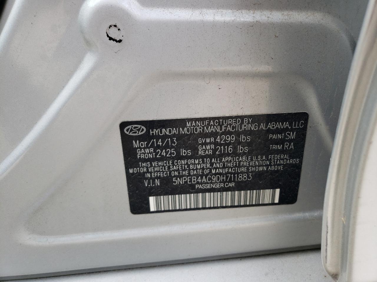 2013 Hyundai Sonata VIN 5NPEB4AC9DH711883 Copart auction photo, front end / minor dent/scratches damage thumbnail 12