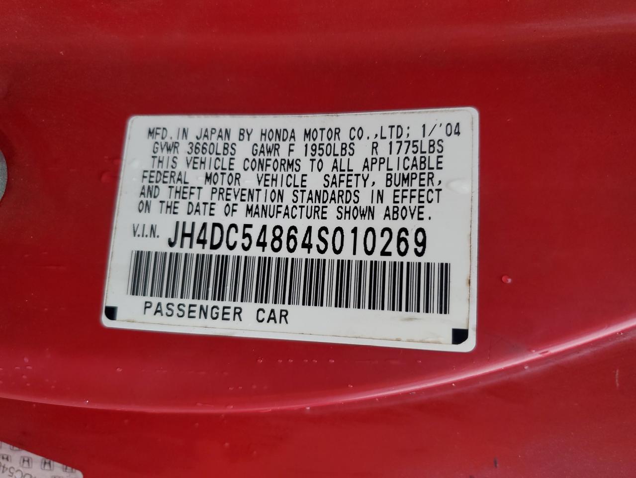 2004 Acura RSX VIN JH4DC54864S010269 Copart auction photo, rear end / front end damage thumbnail 13
