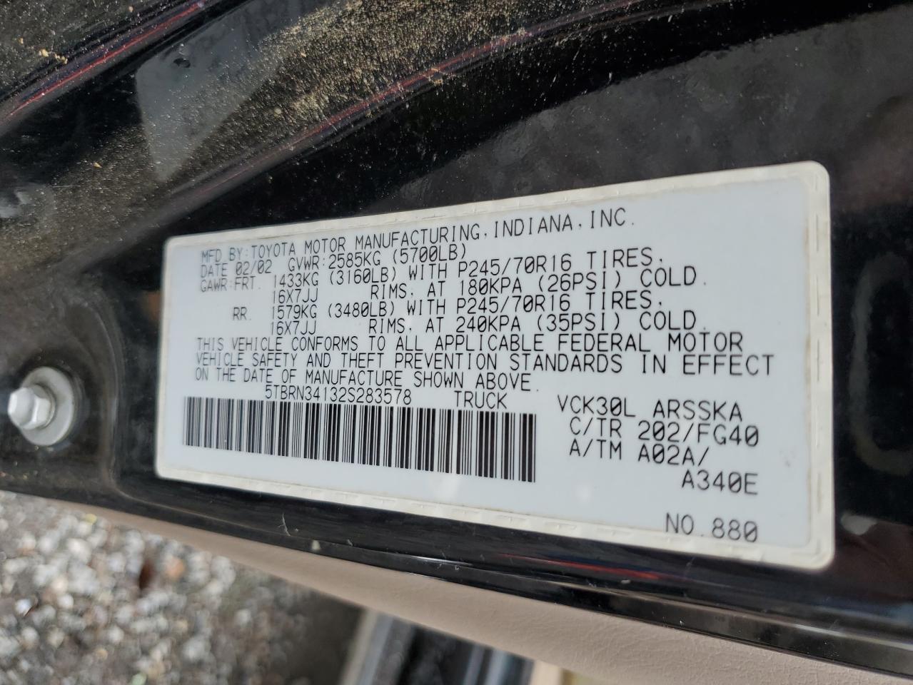 2002 Toyota Tundra VIN 5TBRN34132S283578 Copart auction photo, all over damage thumbnail 12