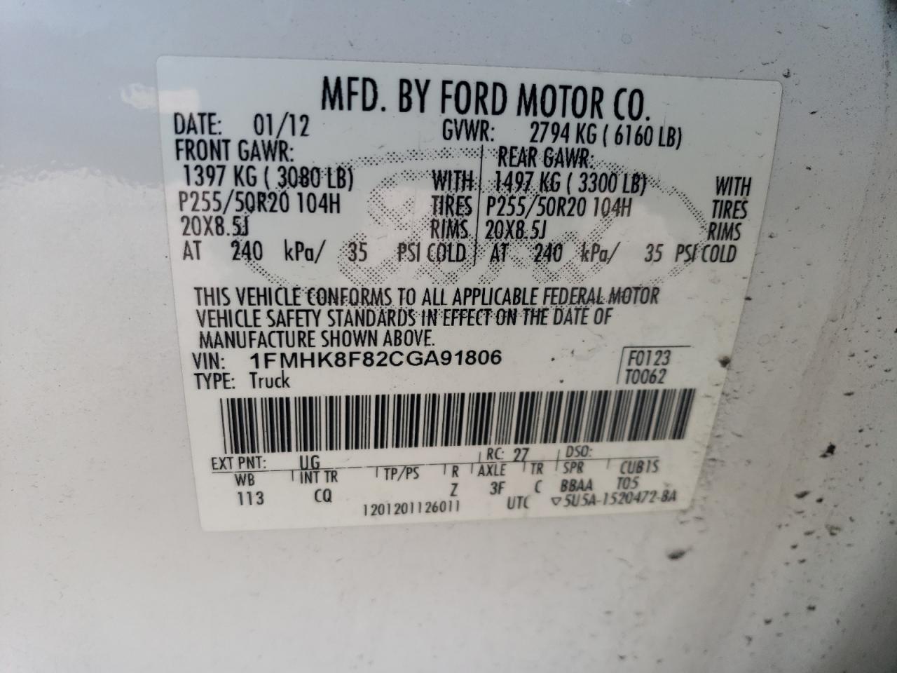 2012 Ford Explorer VIN 1FMHK8F82CGA91806 Copart auction photo, side / front end damage thumbnail 13