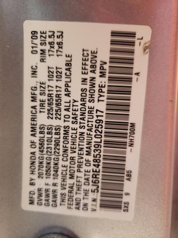 2009 Honda CR-V VIN 5J6RE48539L025917 Copart auction photo, biohazard/chemical / minor dent/scratches damage thumbnail 13