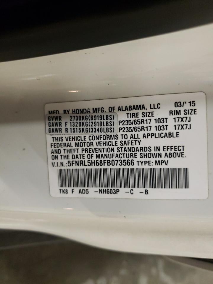 2015 Honda Odyssey VIN 5FNRL5H68FB073566 Copart auction photo, front end / side damage thumbnail 13