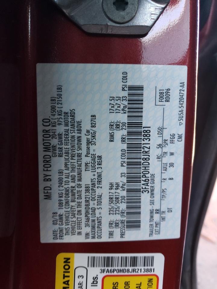2018 Ford Fusion VIN 3FA6P0HD8JR213881 Copart auction photo, side damage thumbnail 12