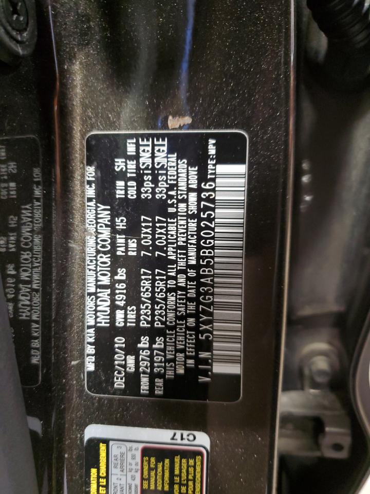 2011 Hyundai Santa Fe VIN 5XYZG3AB5BG025736 Copart auction photo, front end / side damage thumbnail 12