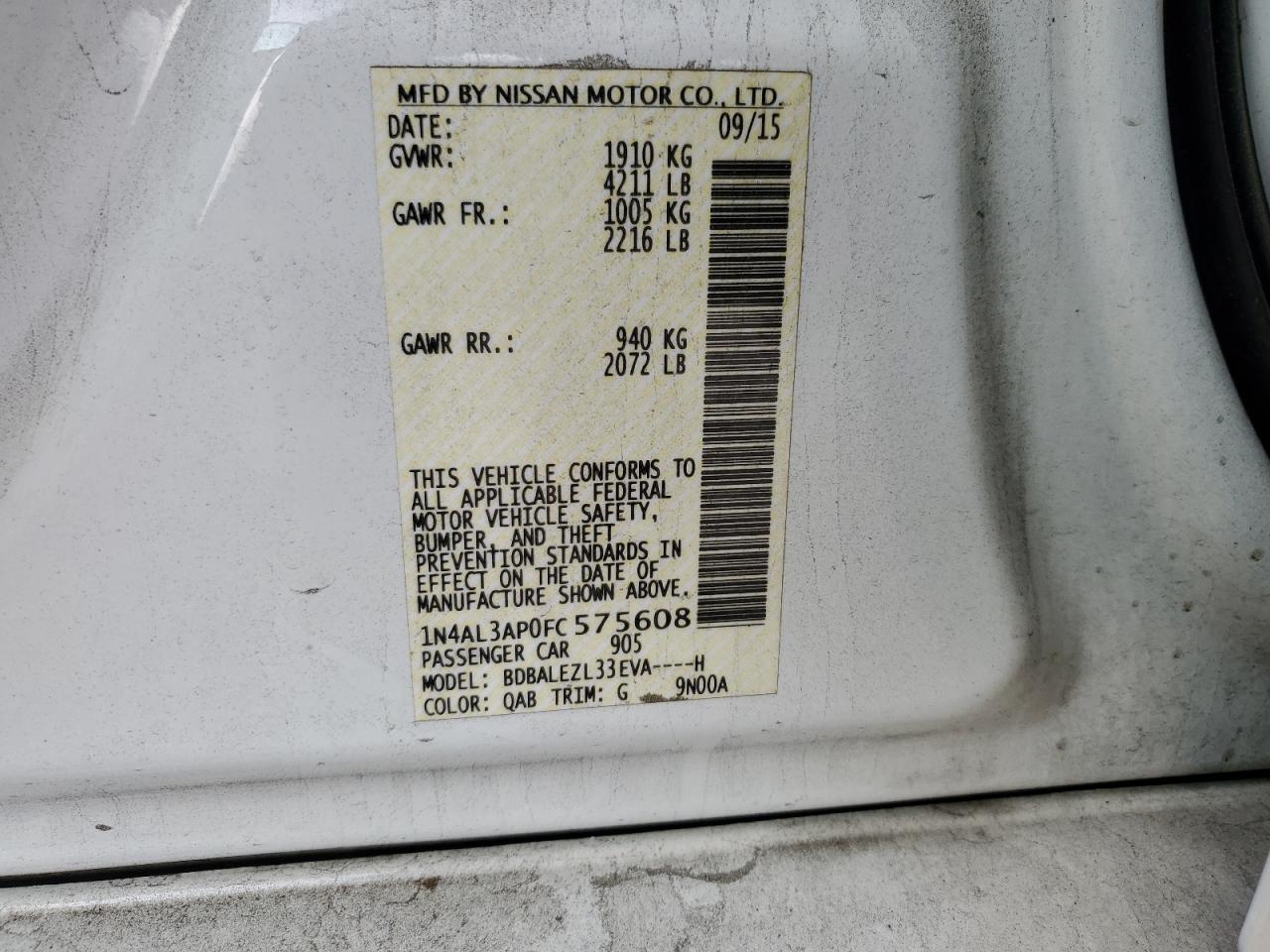 2015 Nissan Altima VIN 1N4AL3AP0FC575608 Copart auction photo, front end / minor dent/scratches damage thumbnail 15