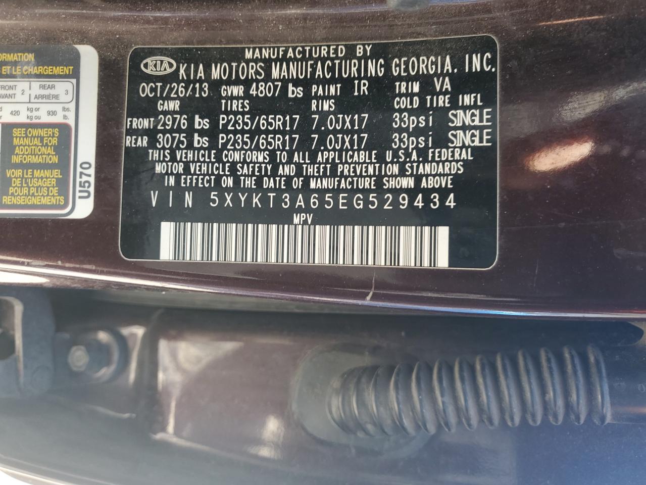 2014 KIA Sorento VIN 5XYKT3A65EG529434 Copart auction photo, front end damage thumbnail 13