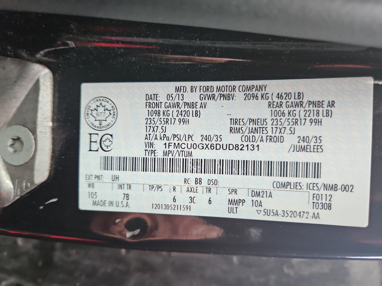 2013 Ford Escape VIN 1FMCU0GX6DUD82131 Copart auction photo, mechanical / rear end damage thumbnail 10