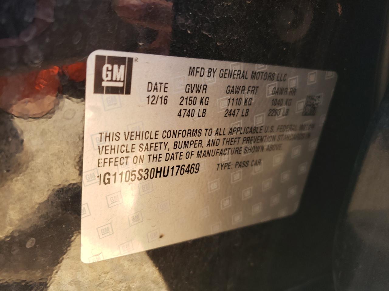 2017 Chevrolet Impala VIN 1G1105S30HU176469 Copart auction photo, front end / rear end damage thumbnail 15