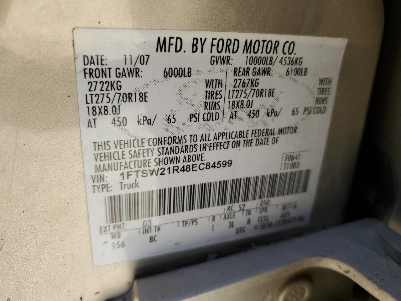 2008 Ford F250 VIN 1FTSW21R48EC84599 Copart auction photo, all over damage thumbnail 12