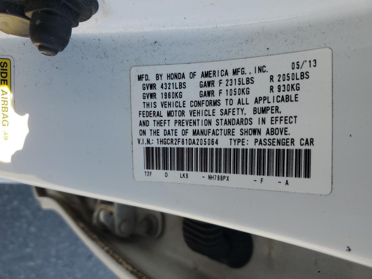 2013 Honda Accord VIN 1HGCR2F81DA205064 Copart auction photo, front end damage thumbnail 13