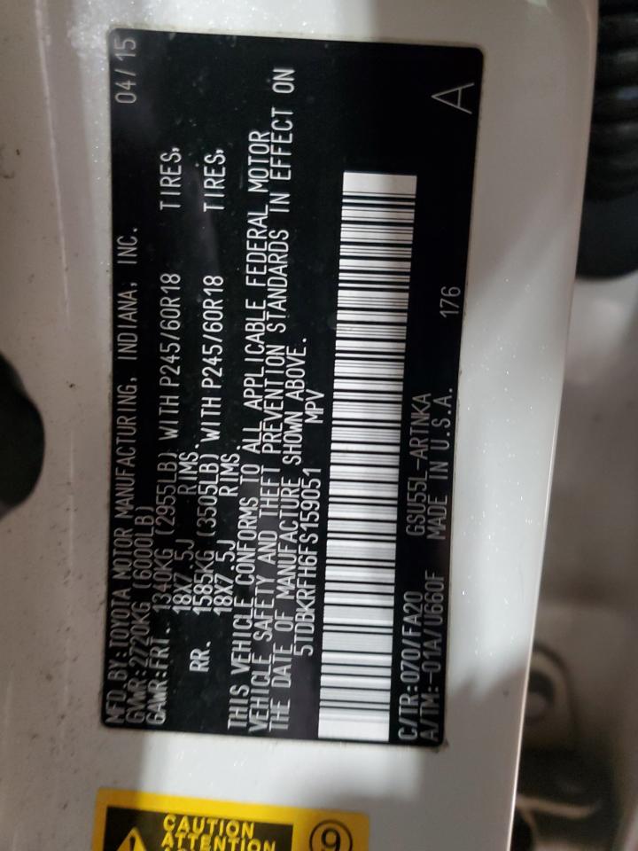 2015 Toyota Highlander VIN 5TDBKRFH6FS159051 Copart auction photo, front end damage thumbnail 14