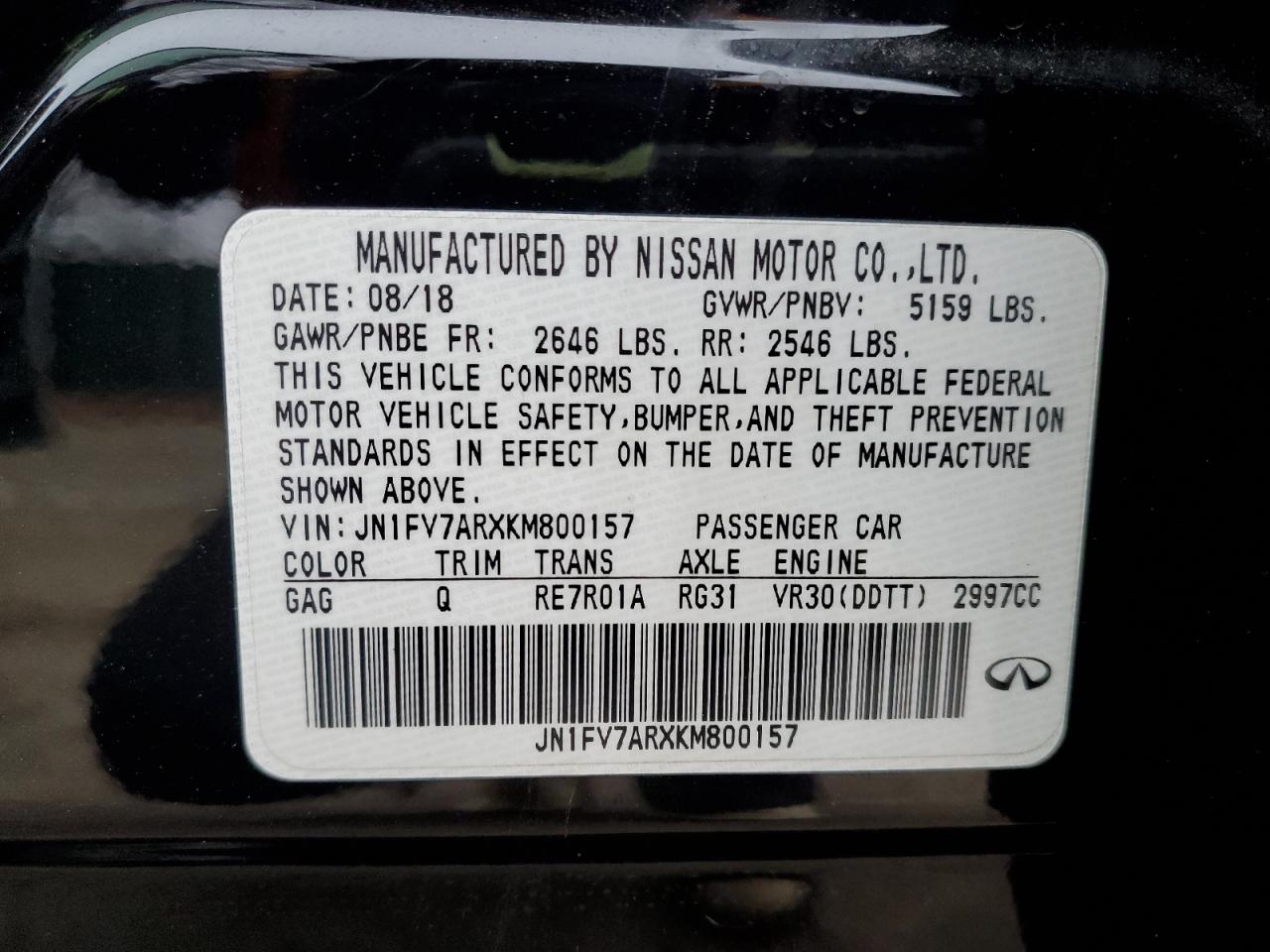 2019 Infiniti Q50 VIN JN1FV7ARXKM800157 Copart auction photo, front end / side damage thumbnail 13