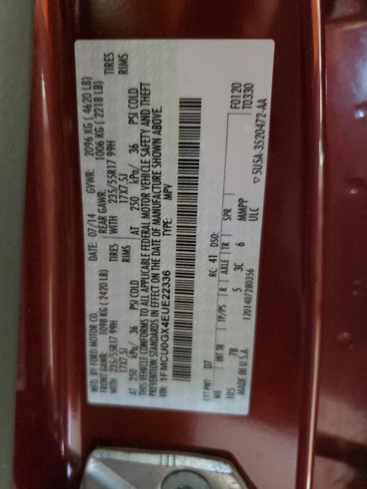 2014 Ford Escape VIN 1FMCU0GX4EUE22336 Copart auction photo, front end / undercarriage damage thumbnail 13