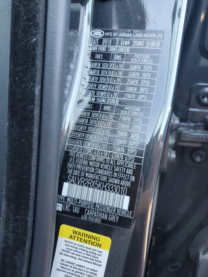 2019 Land Rover Range Rover VIN SALVR2RX5KH333010 Copart auction photo, rear end damage thumbnail 13