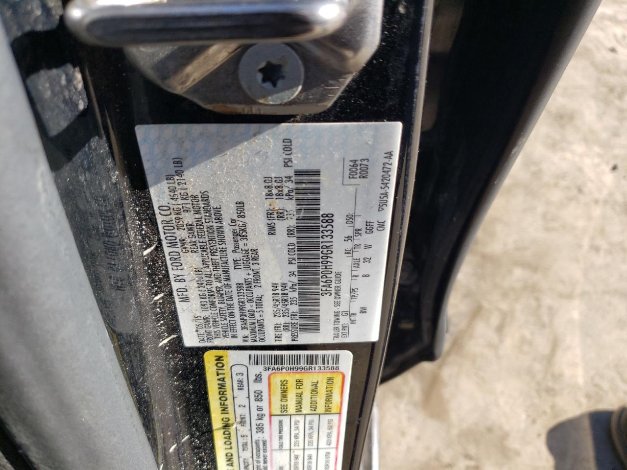2016 Ford Fusion VIN 3FA6P0H99GR133588 Copart auction photo, front end damage thumbnail 14