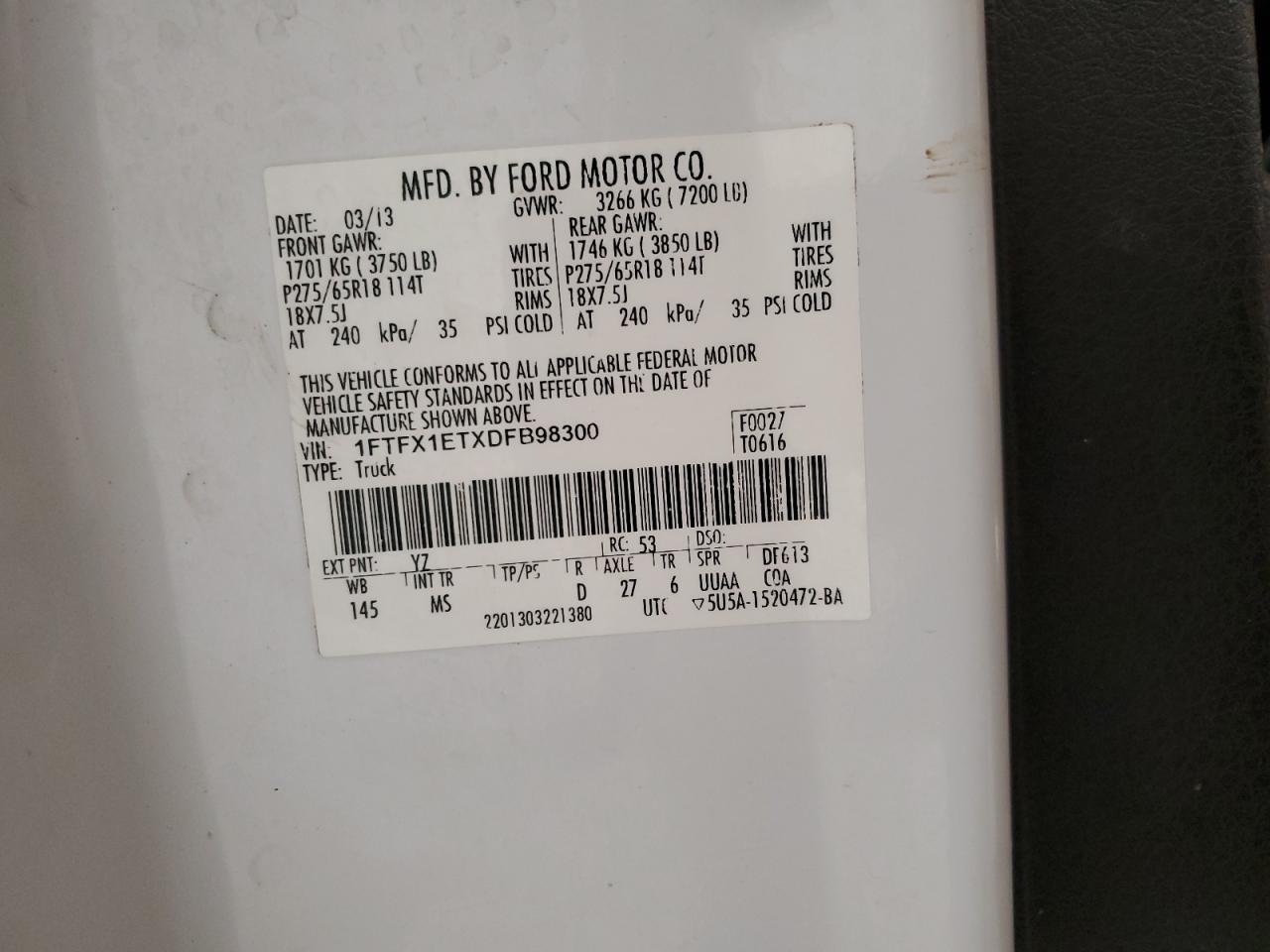 2013 Ford F-150 VIN 1FTFX1ETXDFB98300 Copart auction photo, front end / undercarriage damage thumbnail 12