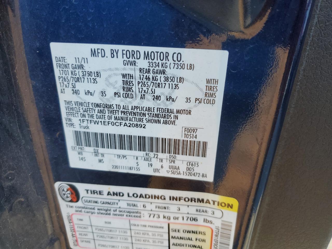 2012 Ford F-150 VIN 1FTFW1EF0CFA20892 Copart auction photo, mechanical damage thumbnail 12