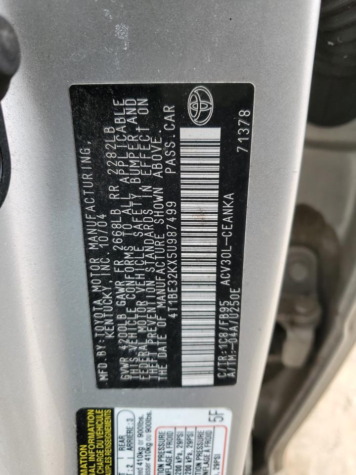 2005 Toyota Camry VIN 4T1BE32KX5U987499 Copart auction photo, front end / side damage thumbnail 12