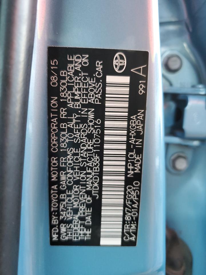 2015 Toyota Prius VIN JTDKDTB38F1107516 Copart auction photo, front end / mechanical damage thumbnail 14