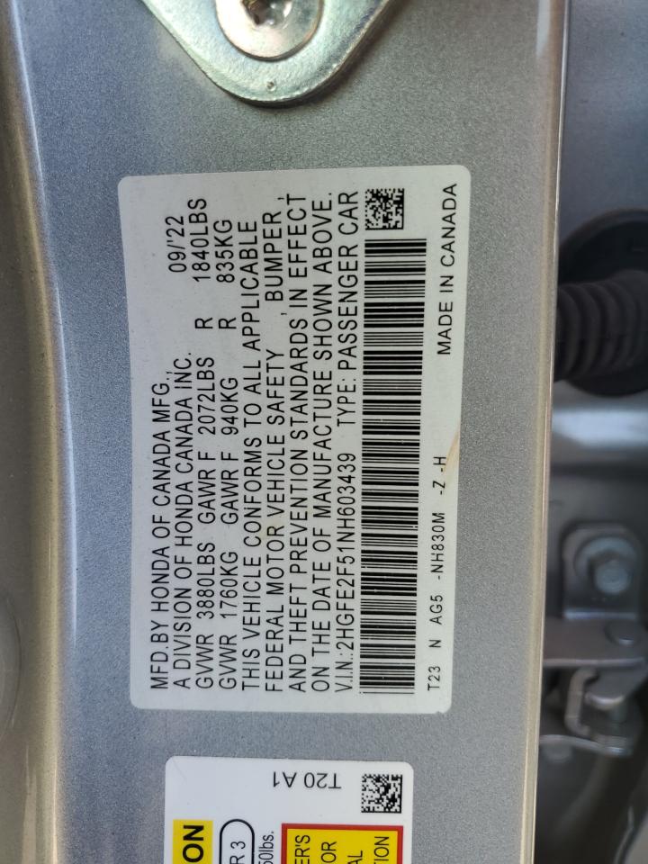 2022 Honda Civic VIN 2HGFE2F51NH603439 Copart auction photo, side damage thumbnail 12